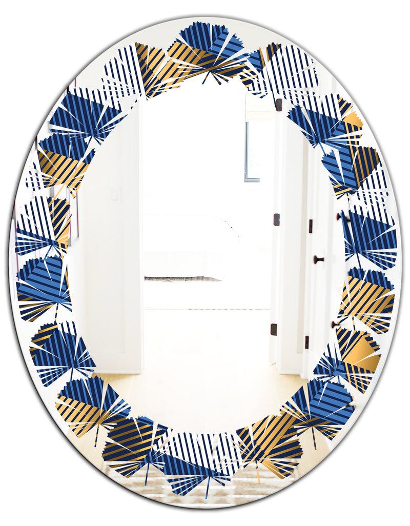 DesignQ Retro Luxury Waves In Gold And Blue V - Modern Round Or Oval Wall Mirror - Leaves