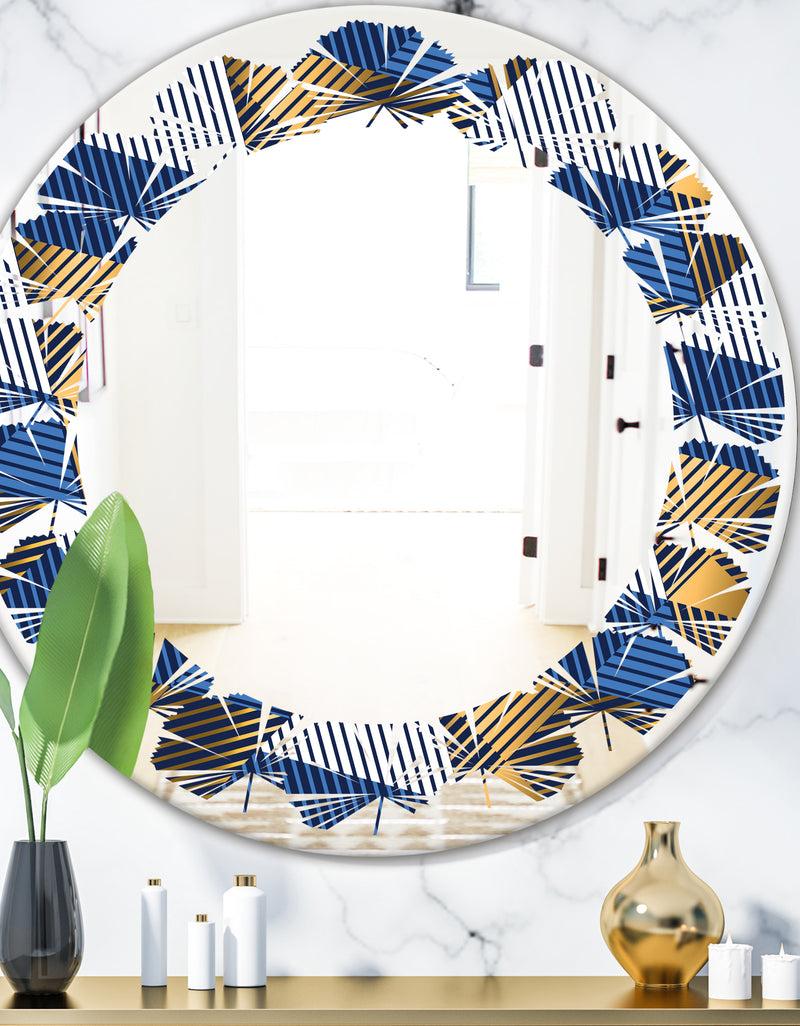 DesignQ Retro Luxury Waves In Gold and Blue V - Modern Round or Oval Wall Mirror - Leaves