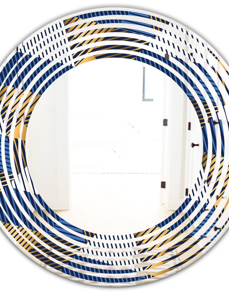 DesignQ Retro Luxury Waves In Gold And Blue V - Modern Round Or Oval Wall Mirror - Wave