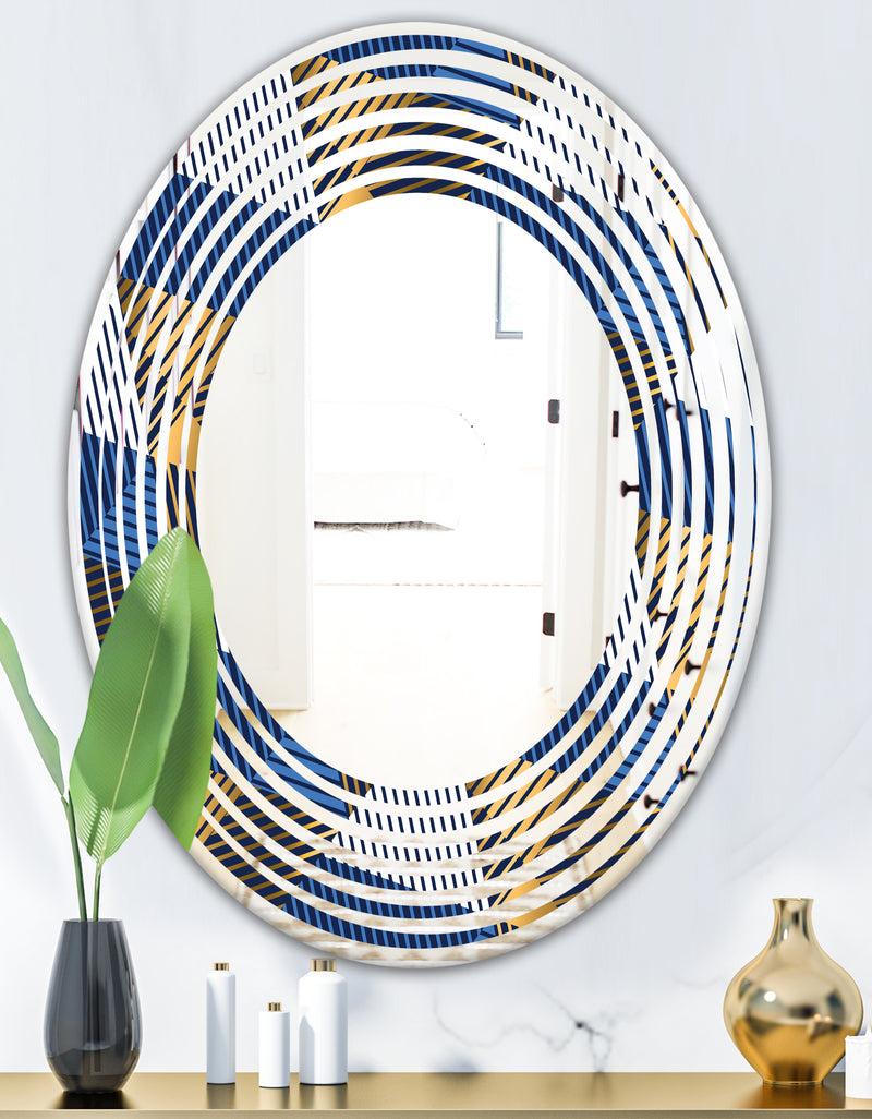 DesignQ Retro Luxury Waves In Gold And Blue V - Modern Round Or Oval Wall Mirror - Wave