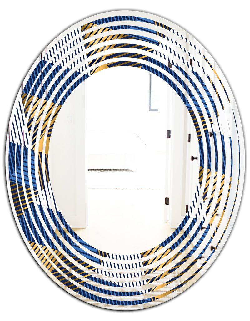DesignQ Retro Luxury Waves In Gold And Blue V - Modern Round Or Oval Wall Mirror - Wave