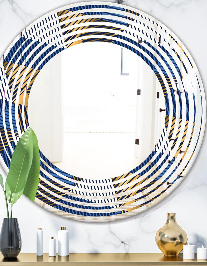 DesignQ Retro Luxury Waves In Gold and Blue V - Modern Round or Oval Wall Mirror - Wave