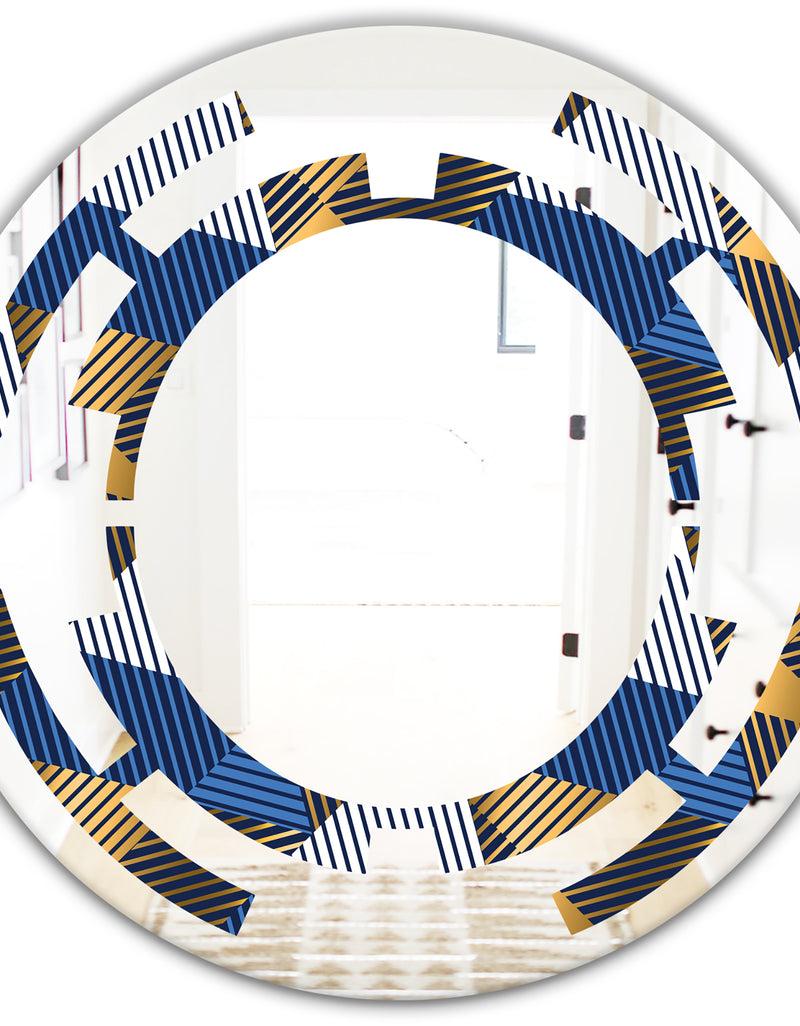 DesignQ Retro Luxury Waves In Gold And Blue V - Modern Round Or Oval Wall Mirror - Space
