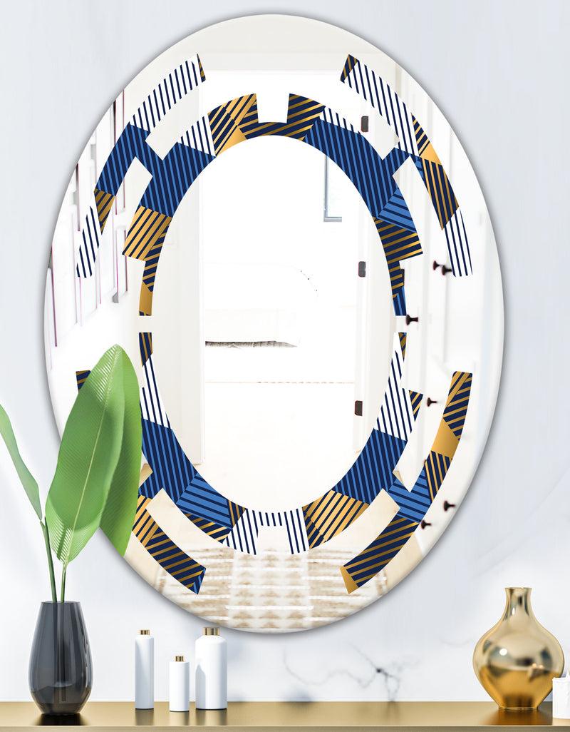 DesignQ Retro Luxury Waves In Gold And Blue V - Modern Round Or Oval Wall Mirror - Space