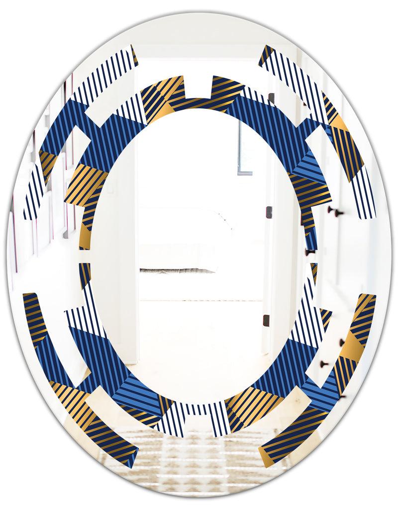 DesignQ Retro Luxury Waves In Gold And Blue V - Modern Round Or Oval Wall Mirror - Space