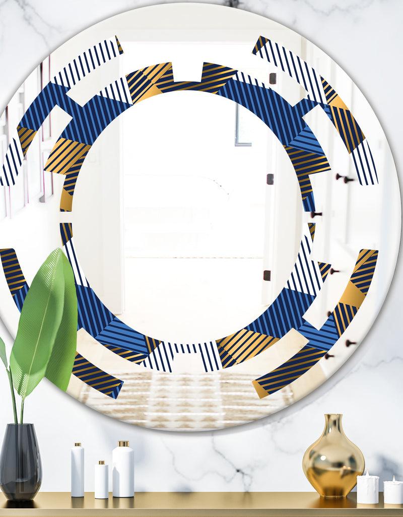DesignQ Retro Luxury Waves In Gold and Blue V - Modern Round or Oval Wall Mirror - Space