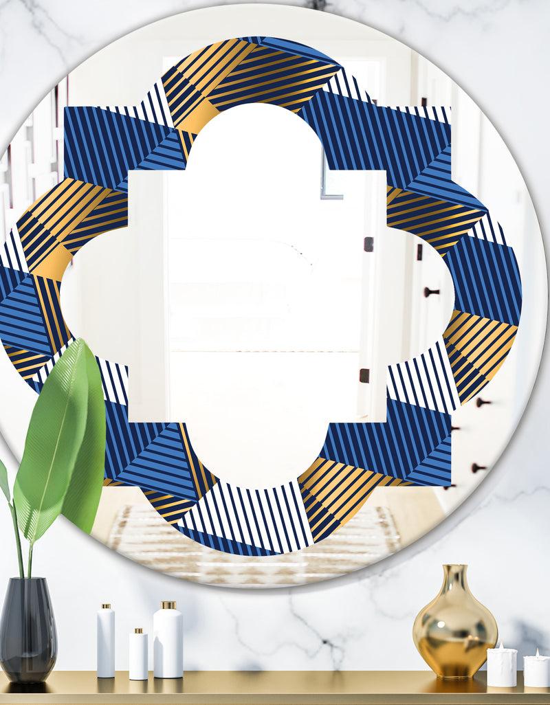 DesignQ Retro Luxury Waves In Gold and Blue V - Modern Round or Oval Wall Mirror - Quatrefoil