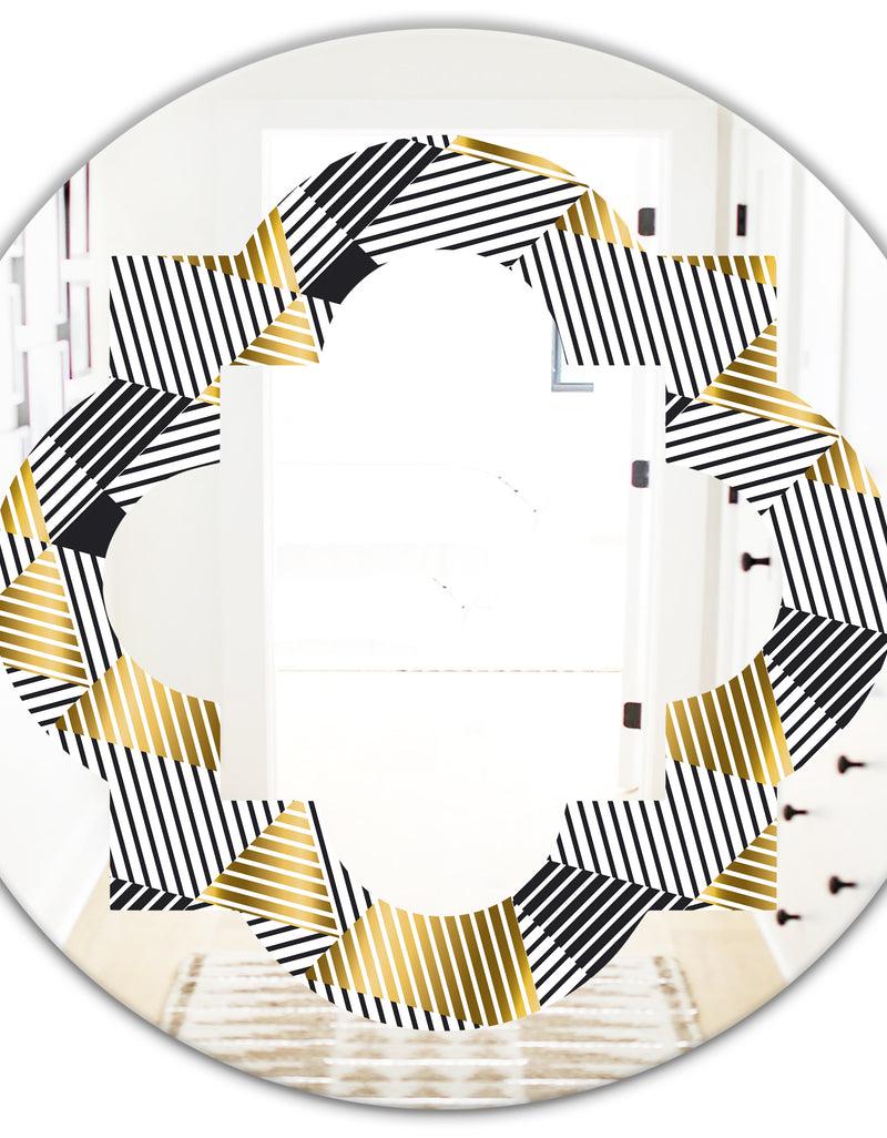 DesignQ Retro Luxury Waves In Gold And Blue VI - Modern Round Or Oval Wall Mirror - Quatrefoil