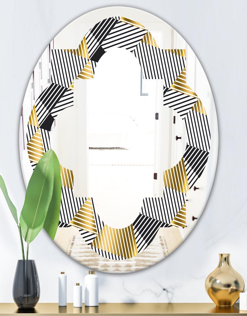 DesignQ Retro Luxury Waves In Gold And Blue VI - Modern Round Or Oval Wall Mirror - Quatrefoil