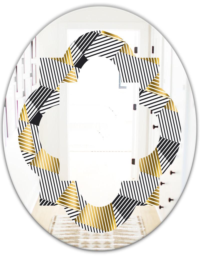 DesignQ Retro Luxury Waves In Gold And Blue VI - Modern Round Or Oval Wall Mirror - Quatrefoil
