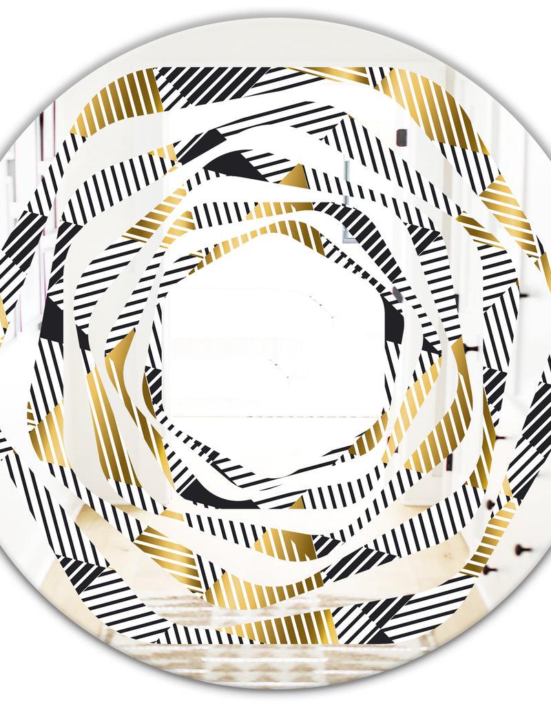 DesignQ Retro Luxury Waves In Gold And Blue VI - Modern Round Or Oval Wall Mirror - Whirl