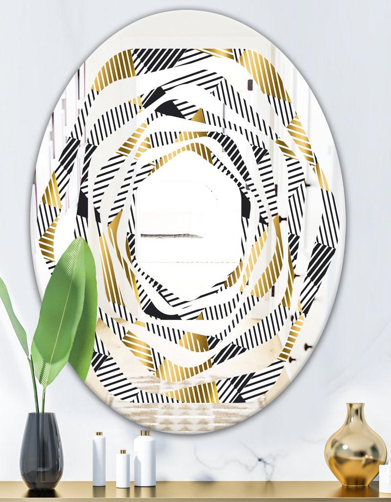 DesignQ Retro Luxury Waves In Gold And Blue VI - Modern Round Or Oval Wall Mirror - Whirl