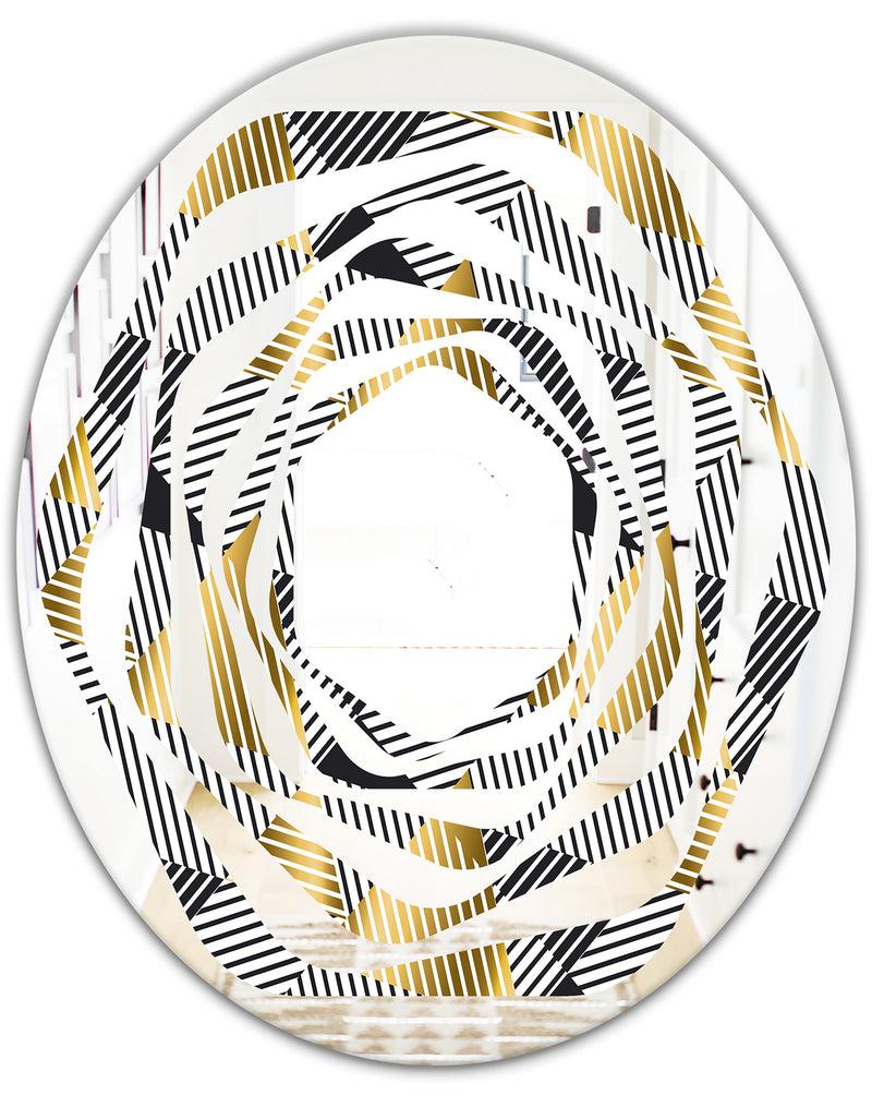 DesignQ Retro Luxury Waves In Gold And Blue VI - Modern Round Or Oval Wall Mirror - Whirl