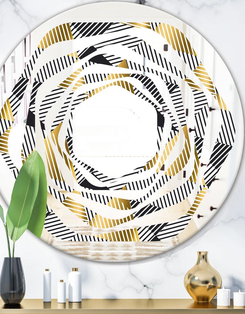 DesignQ Retro Luxury Waves In Gold and Blue VI - Modern Round or Oval Wall Mirror - Whirl