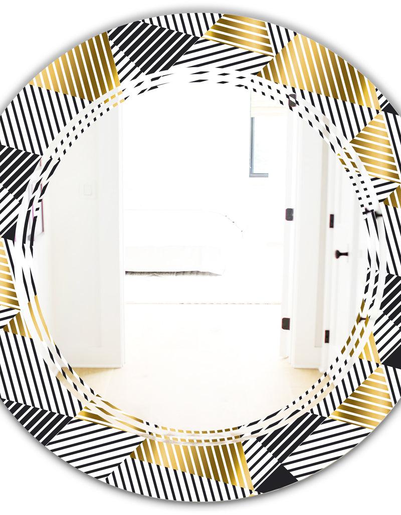 DesignQ Retro Luxury Waves In Gold And Blue VI - Modern Round Or Oval Wall Mirror - Triple C