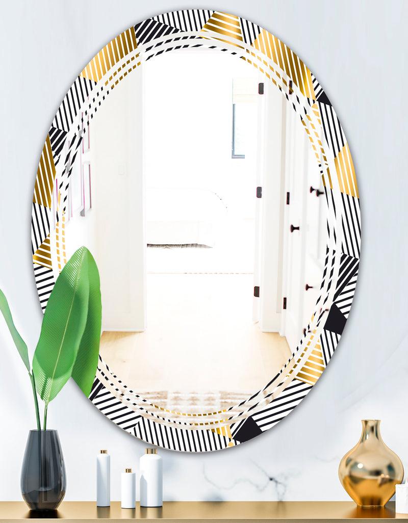 DesignQ Retro Luxury Waves In Gold And Blue VI - Modern Round Or Oval Wall Mirror - Triple C