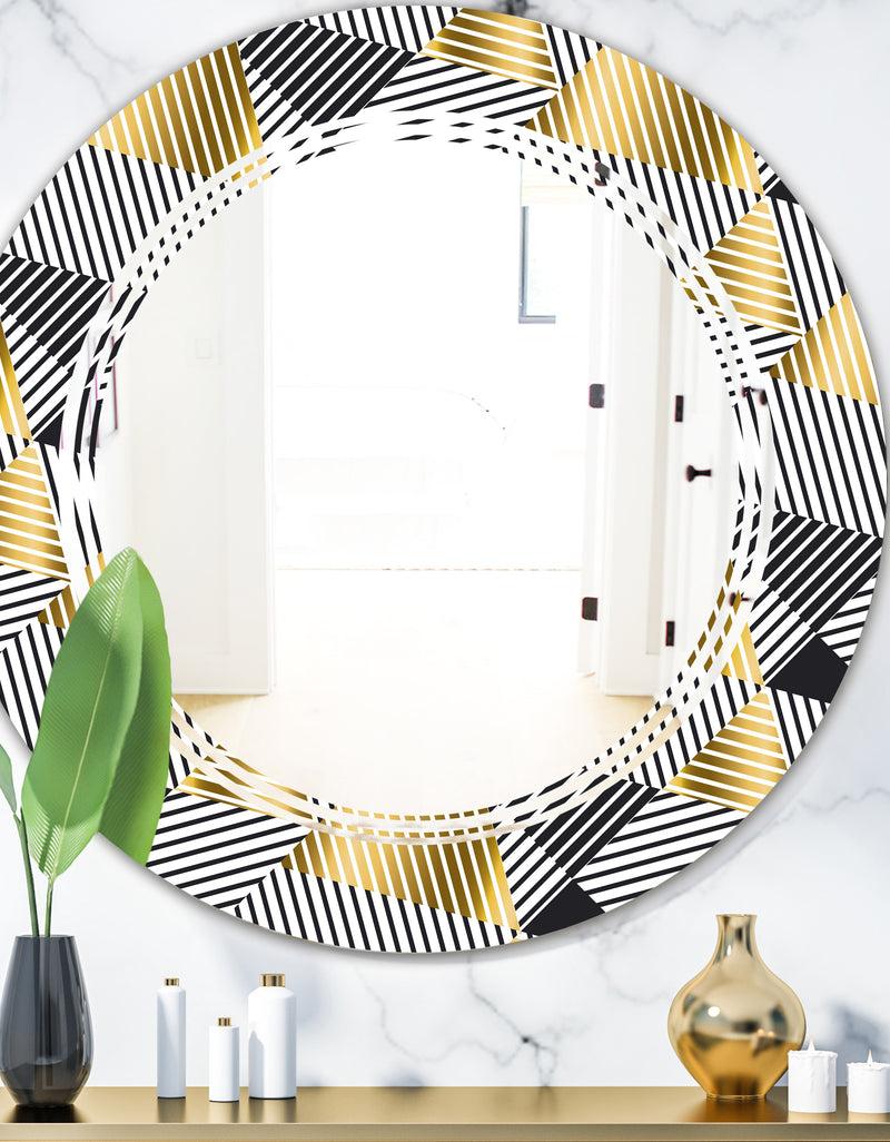 DesignQ Retro Luxury Waves In Gold and Blue VI - Modern Round or Oval Wall Mirror - Triple C