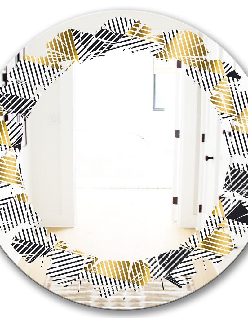 DesignQ Retro Luxury Waves In Gold And Blue VI - Modern Round Or Oval Wall Mirror - Leaves