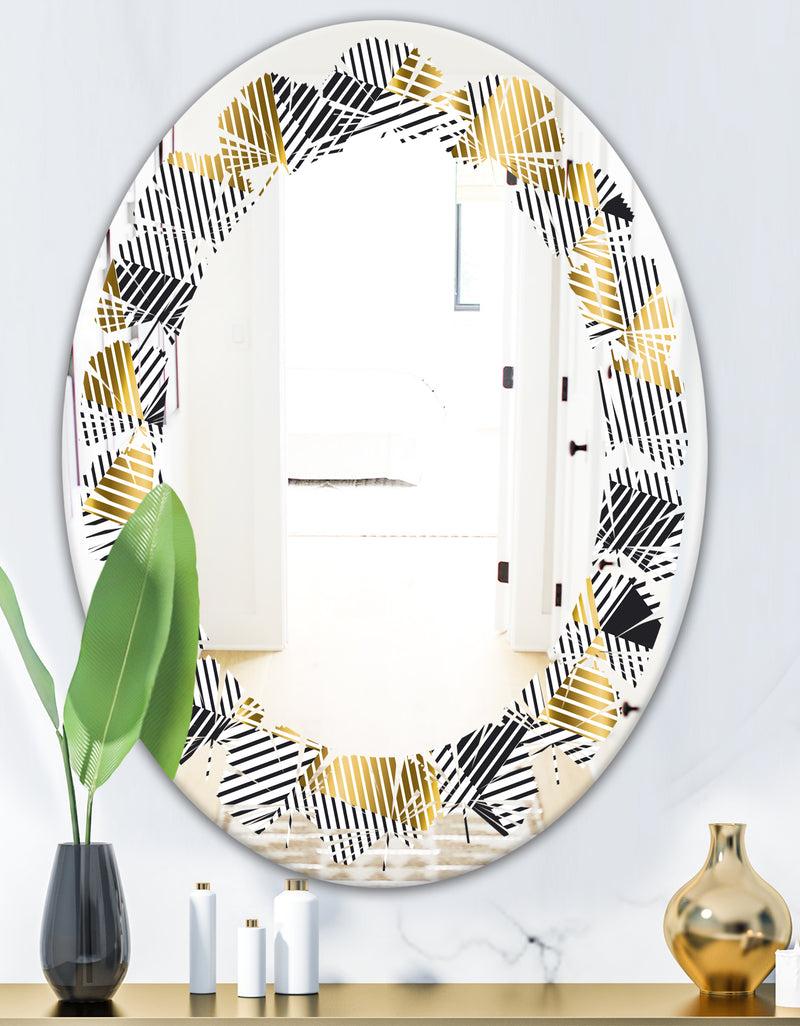 DesignQ Retro Luxury Waves In Gold And Blue VI - Modern Round Or Oval Wall Mirror - Leaves