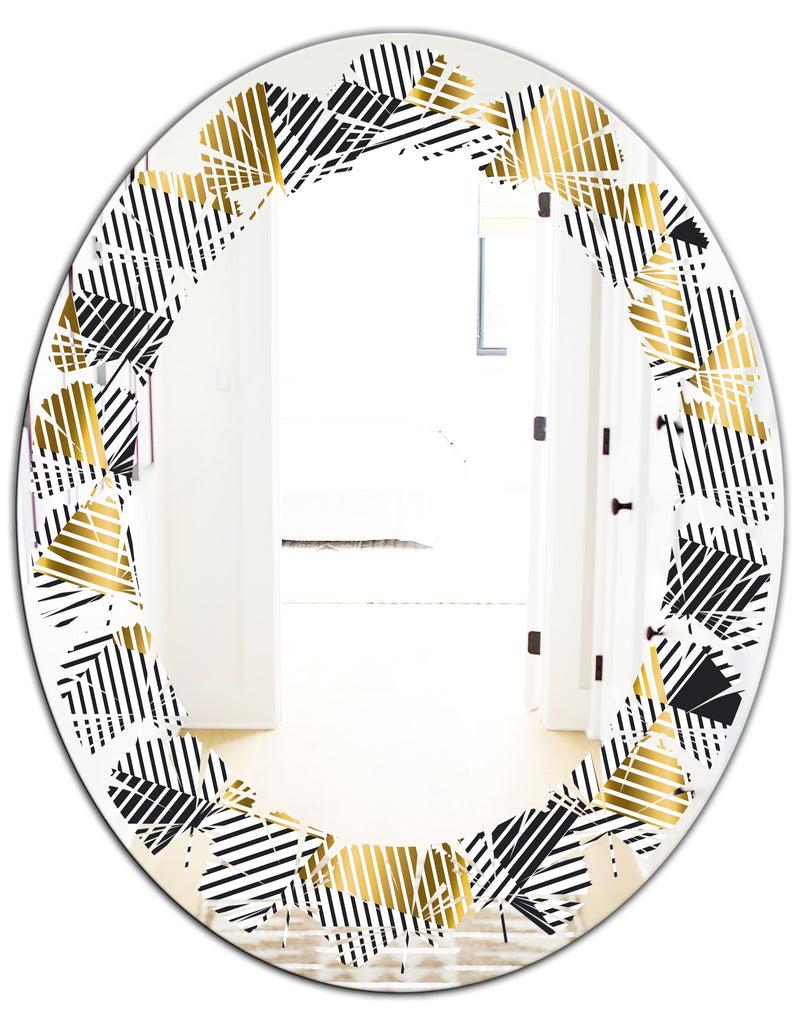 DesignQ Retro Luxury Waves In Gold And Blue VI - Modern Round Or Oval Wall Mirror - Leaves