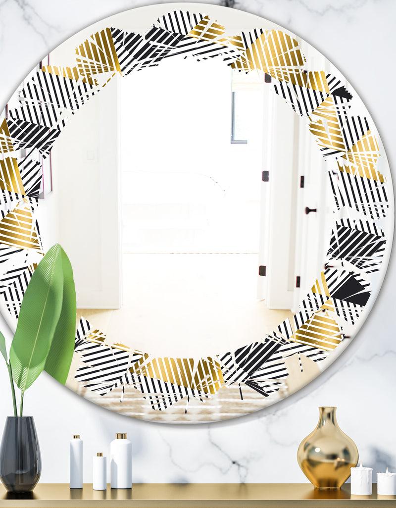 DesignQ Retro Luxury Waves In Gold and Blue VI - Modern Round or Oval Wall Mirror - Leaves