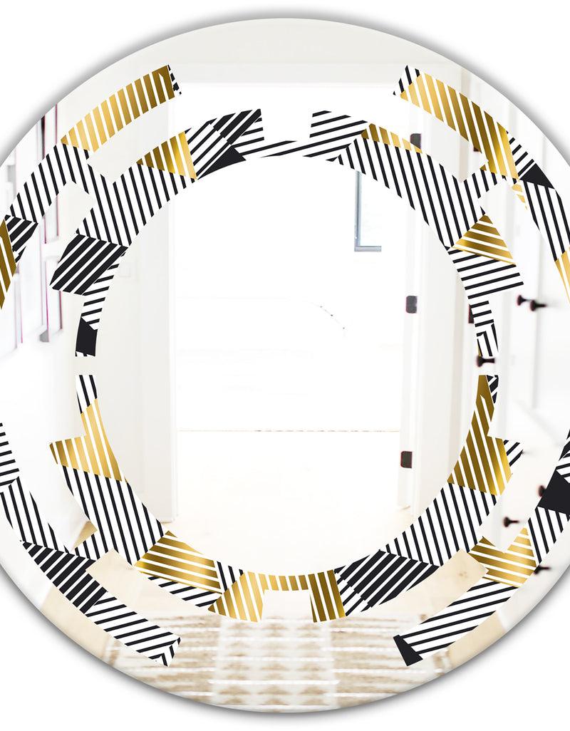 DesignQ Retro Luxury Waves In Gold And Blue VI - Modern Round Or Oval Wall Mirror - Space
