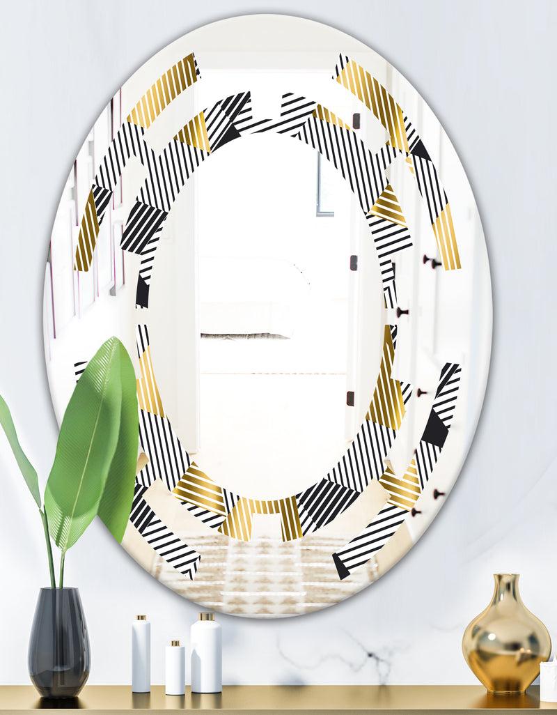 DesignQ Retro Luxury Waves In Gold And Blue VI - Modern Round Or Oval Wall Mirror - Space