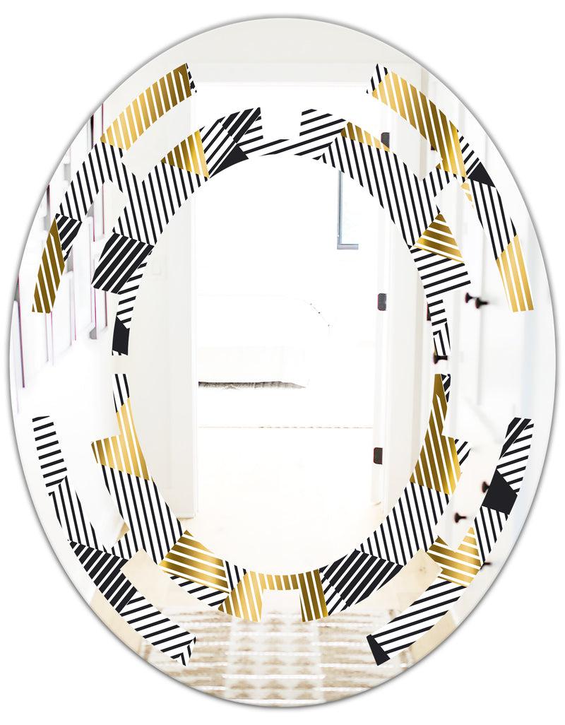 DesignQ Retro Luxury Waves In Gold And Blue VI - Modern Round Or Oval Wall Mirror - Space