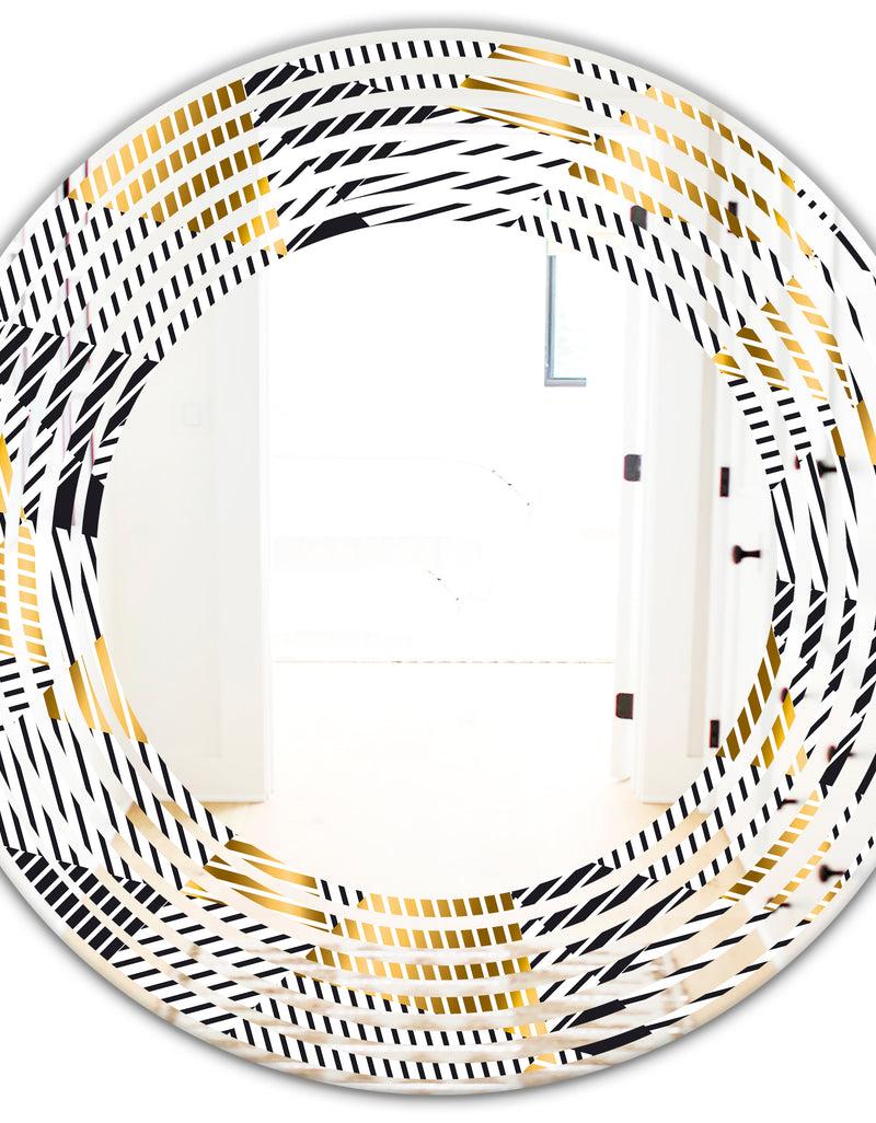 DesignQ Retro Luxury Waves In Gold And Blue VI - Modern Round Or Oval Wall Mirror - Wave
