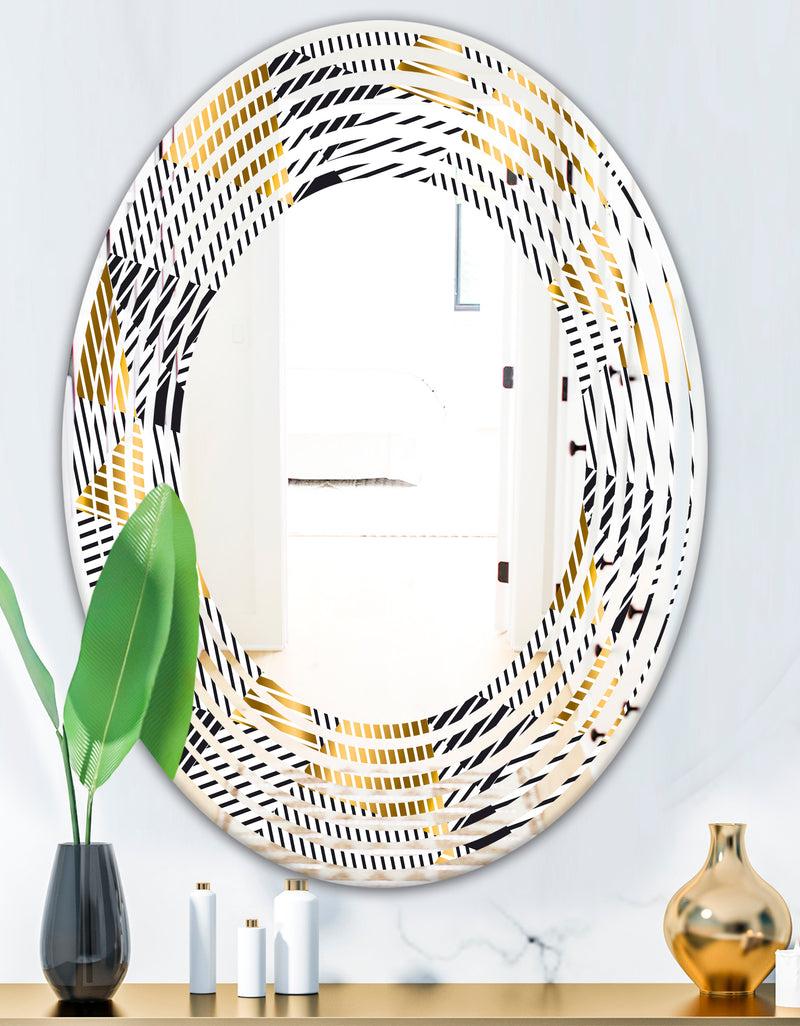 DesignQ Retro Luxury Waves In Gold And Blue VI - Modern Round Or Oval Wall Mirror - Wave