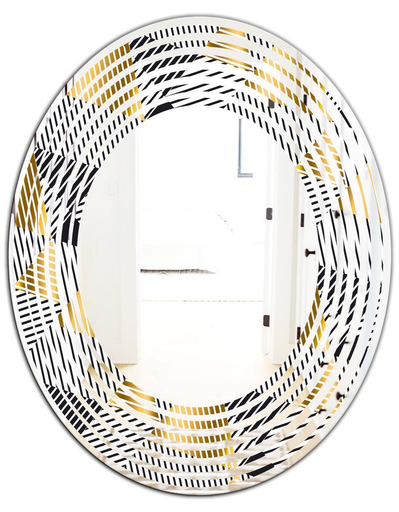 DesignQ Retro Luxury Waves In Gold And Blue VI - Modern Round Or Oval Wall Mirror - Wave