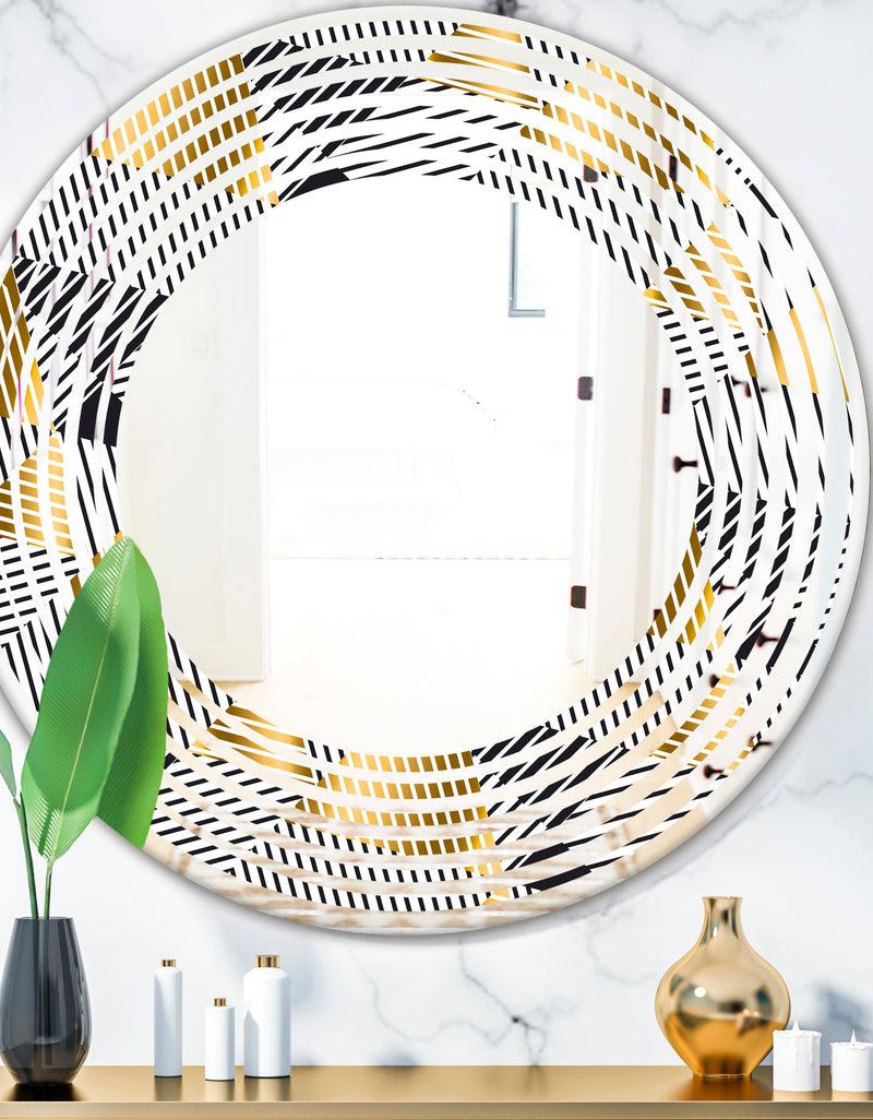 DesignQ Retro Luxury Waves In Gold and Blue VI - Modern Round or Oval Wall Mirror - Wave