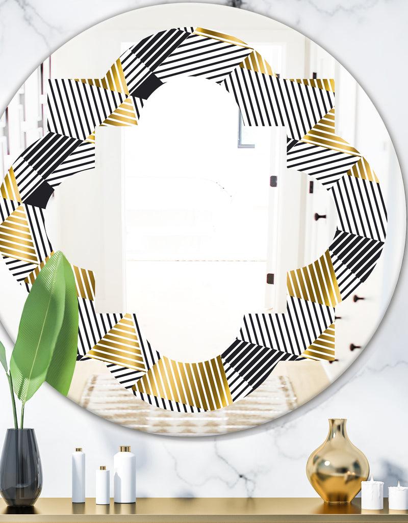 DesignQ Retro Luxury Waves In Gold and Blue VI - Modern Round or Oval Wall Mirror - Quatrefoil