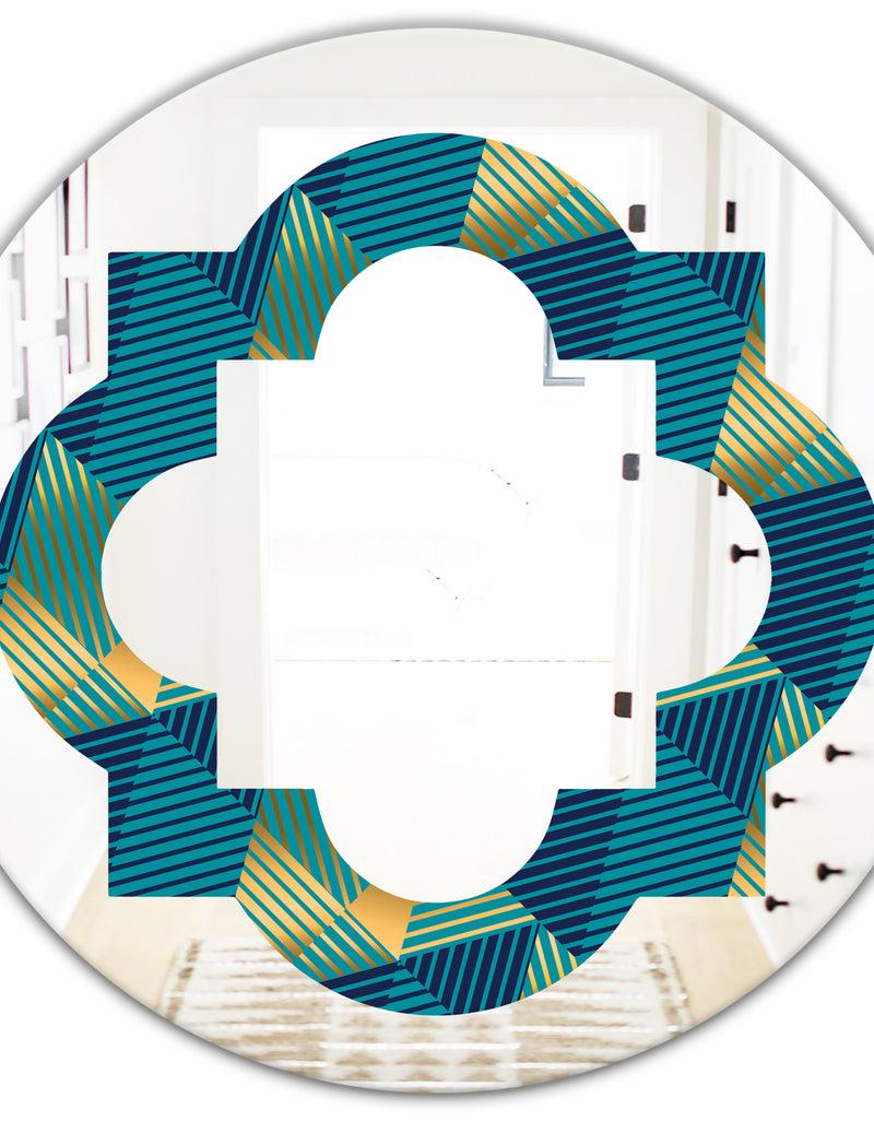 DesignQ Retro Luxury Waves In Gold And Blue VII - Modern Round Or Oval Wall Mirror - Quatrefoil