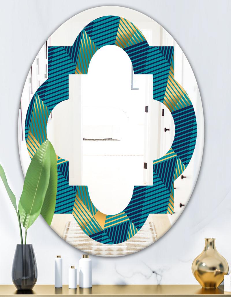 DesignQ Retro Luxury Waves In Gold And Blue VII - Modern Round Or Oval Wall Mirror - Quatrefoil