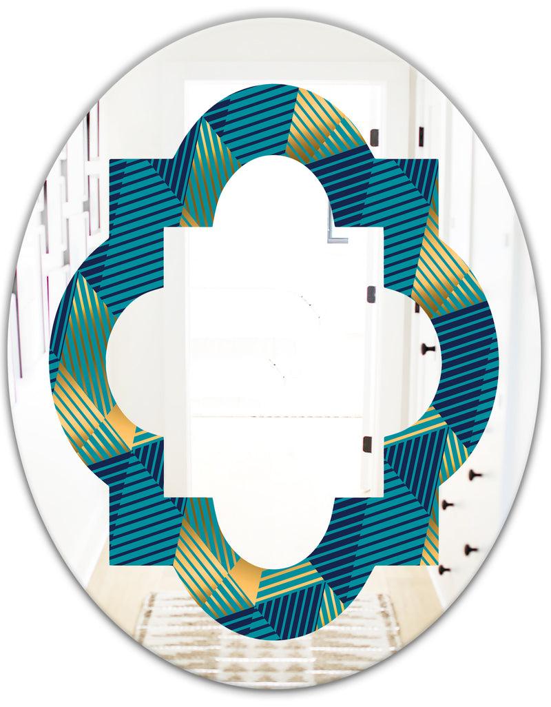 DesignQ Retro Luxury Waves In Gold And Blue VII - Modern Round Or Oval Wall Mirror - Quatrefoil