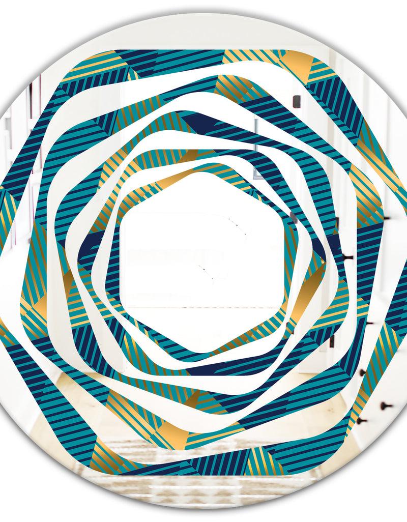 DesignQ Retro Luxury Waves In Gold And Blue VII - Modern Round Or Oval Wall Mirror - Whirl