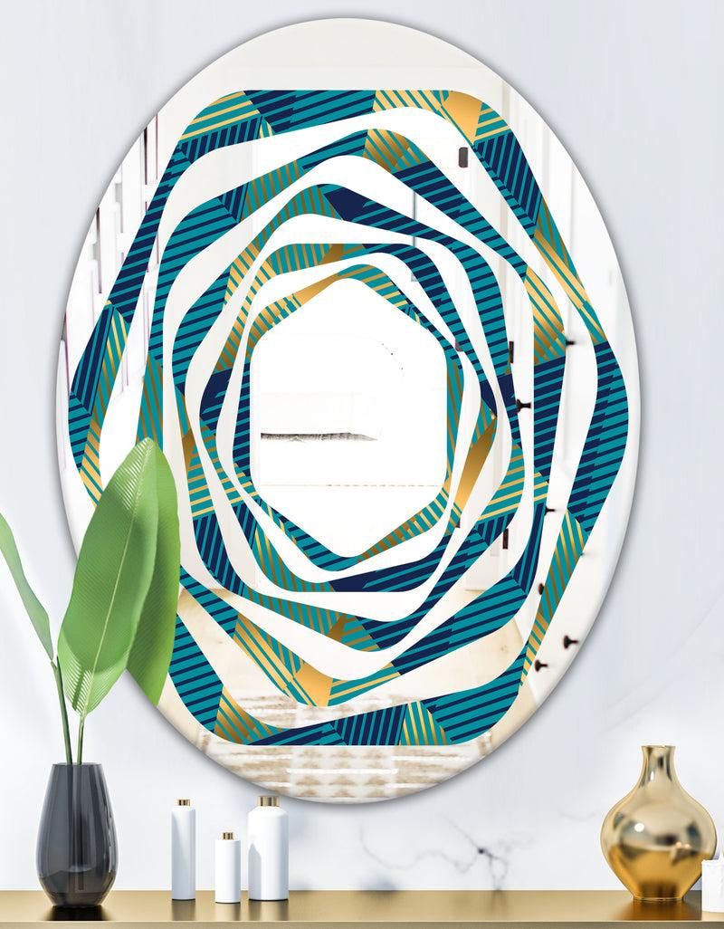 DesignQ Retro Luxury Waves In Gold And Blue VII - Modern Round Or Oval Wall Mirror - Whirl