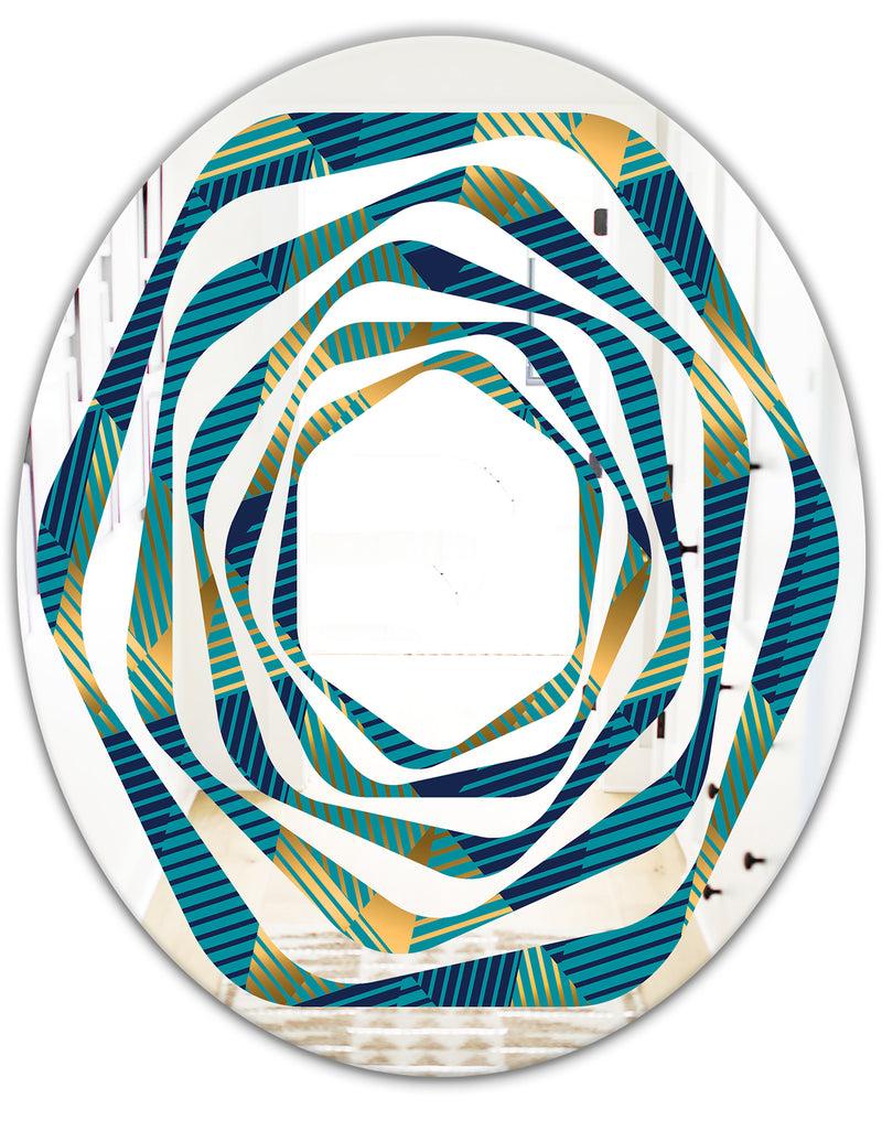 DesignQ Retro Luxury Waves In Gold And Blue VII - Modern Round Or Oval Wall Mirror - Whirl