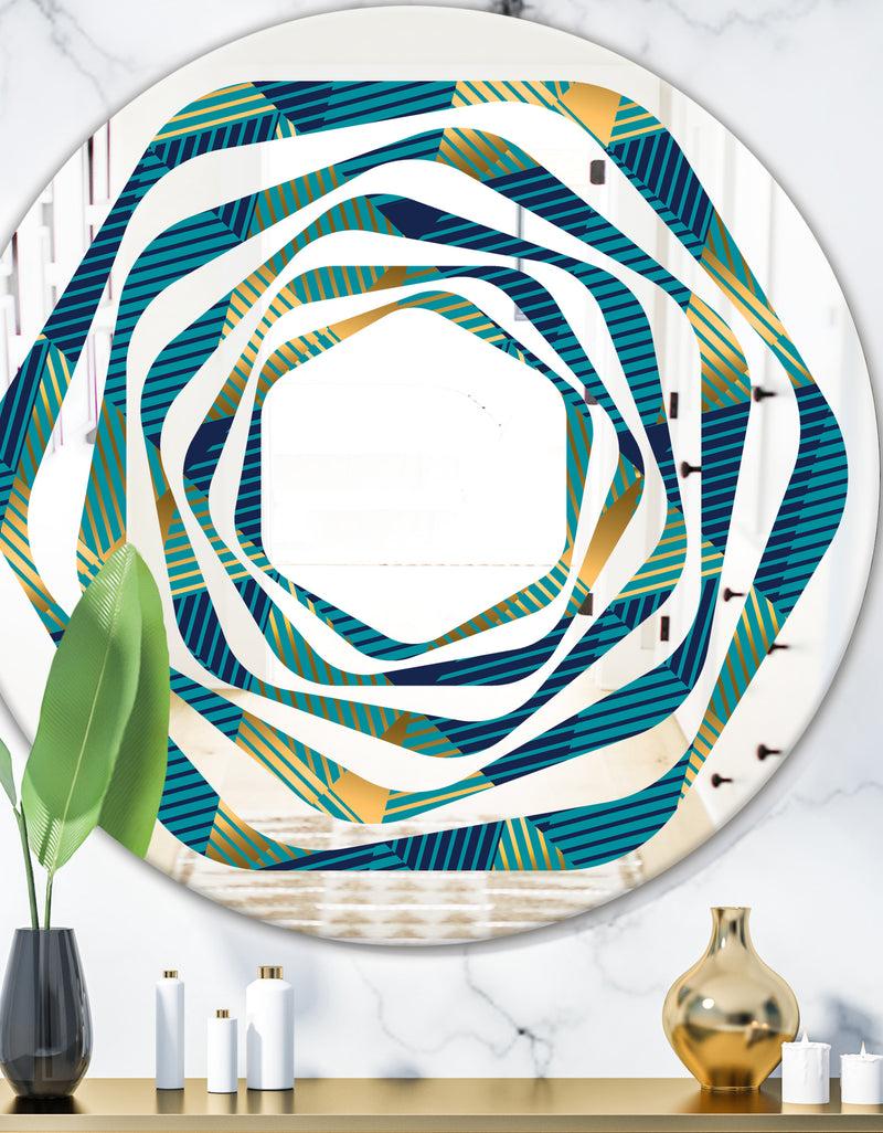 DesignQ Retro Luxury Waves In Gold and Blue VII - Modern Round or Oval Wall Mirror - Whirl