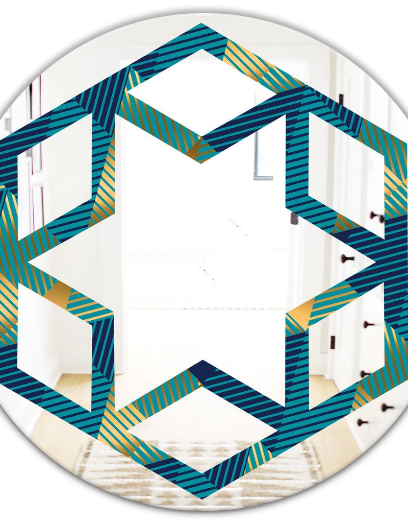 DesignQ Retro Luxury Waves In Gold And Blue VII - Modern Round Or Oval Wall Mirror - Hexagon Star