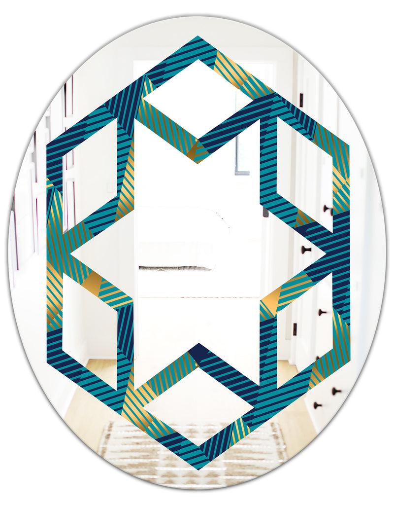 DesignQ Retro Luxury Waves In Gold And Blue VII - Modern Round Or Oval Wall Mirror - Hexagon Star