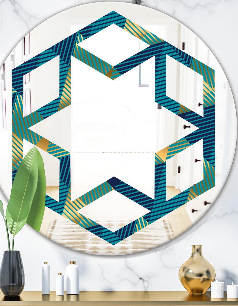DesignQ Retro Luxury Waves In Gold and Blue VII - Modern Round or Oval Wall Mirror - Hexagon Star