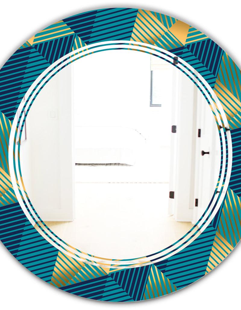 DesignQ Retro Luxury Waves In Gold And Blue VII - Modern Round Or Oval Wall Mirror - Triple C