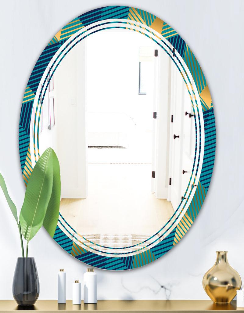 DesignQ Retro Luxury Waves In Gold And Blue VII - Modern Round Or Oval Wall Mirror - Triple C
