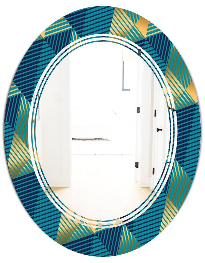 DesignQ Retro Luxury Waves In Gold And Blue VII - Modern Round Or Oval Wall Mirror - Triple C
