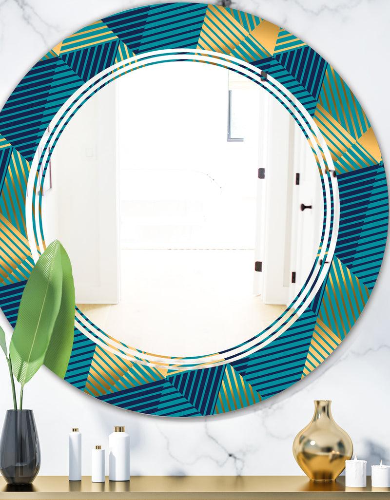 DesignQ Retro Luxury Waves In Gold and Blue VII - Modern Round or Oval Wall Mirror - Triple C