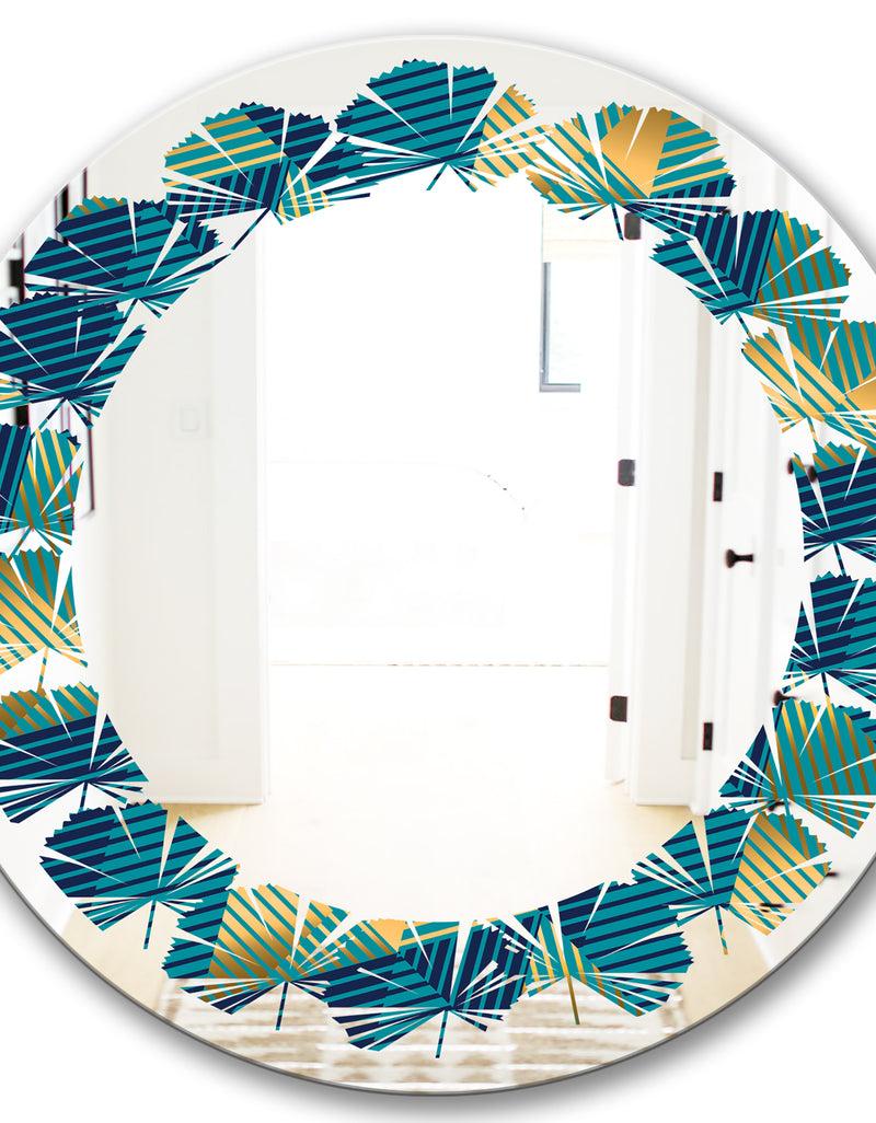 DesignQ Retro Luxury Waves In Gold And Blue VII - Modern Round Or Oval Wall Mirror - Leaves
