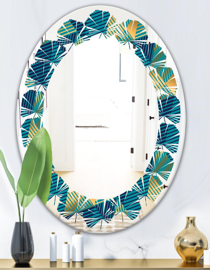 DesignQ Retro Luxury Waves In Gold And Blue VII - Modern Round Or Oval Wall Mirror - Leaves
