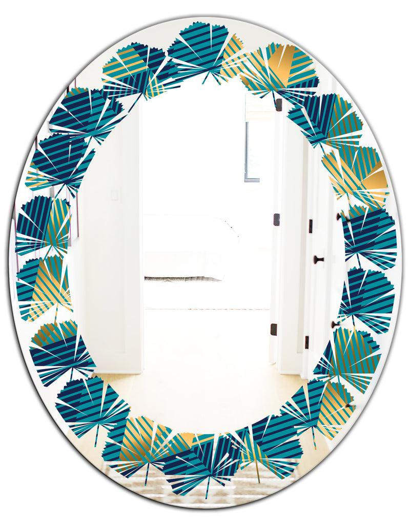 DesignQ Retro Luxury Waves In Gold And Blue VII - Modern Round Or Oval Wall Mirror - Leaves